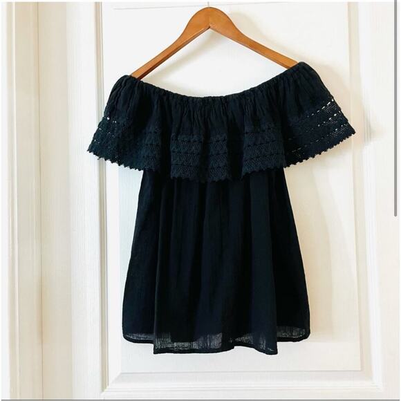 Boho Floral Embroidered Off Shoulder Peasant Top Black Crochet Festival Blouse M - Picture 4 of 10